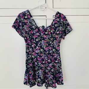 Vintage Lajate Cotton Blue Floral Peplum Top Size Medium